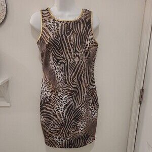 Thalia Sodi Dress Stretchy Bodycon Gold Trim Animal Print Small